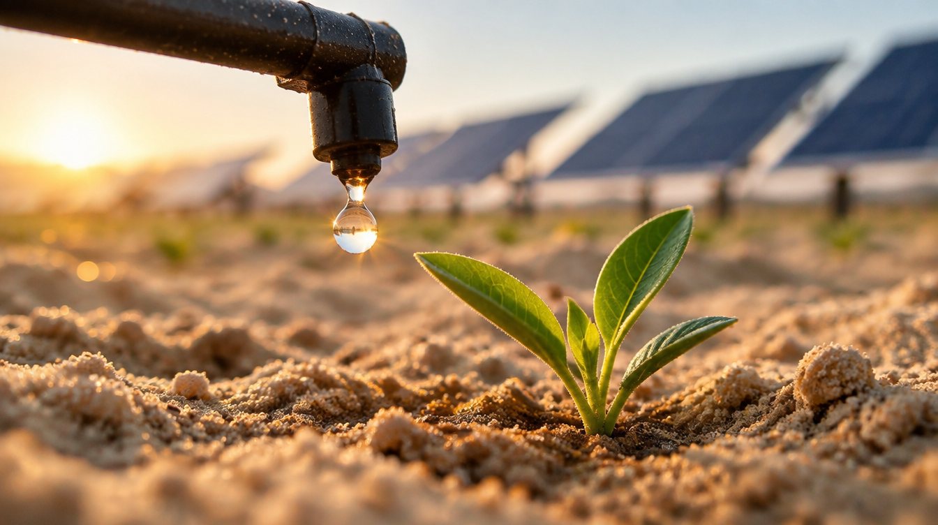 A drip emitter watering a seedling beside solar panels
