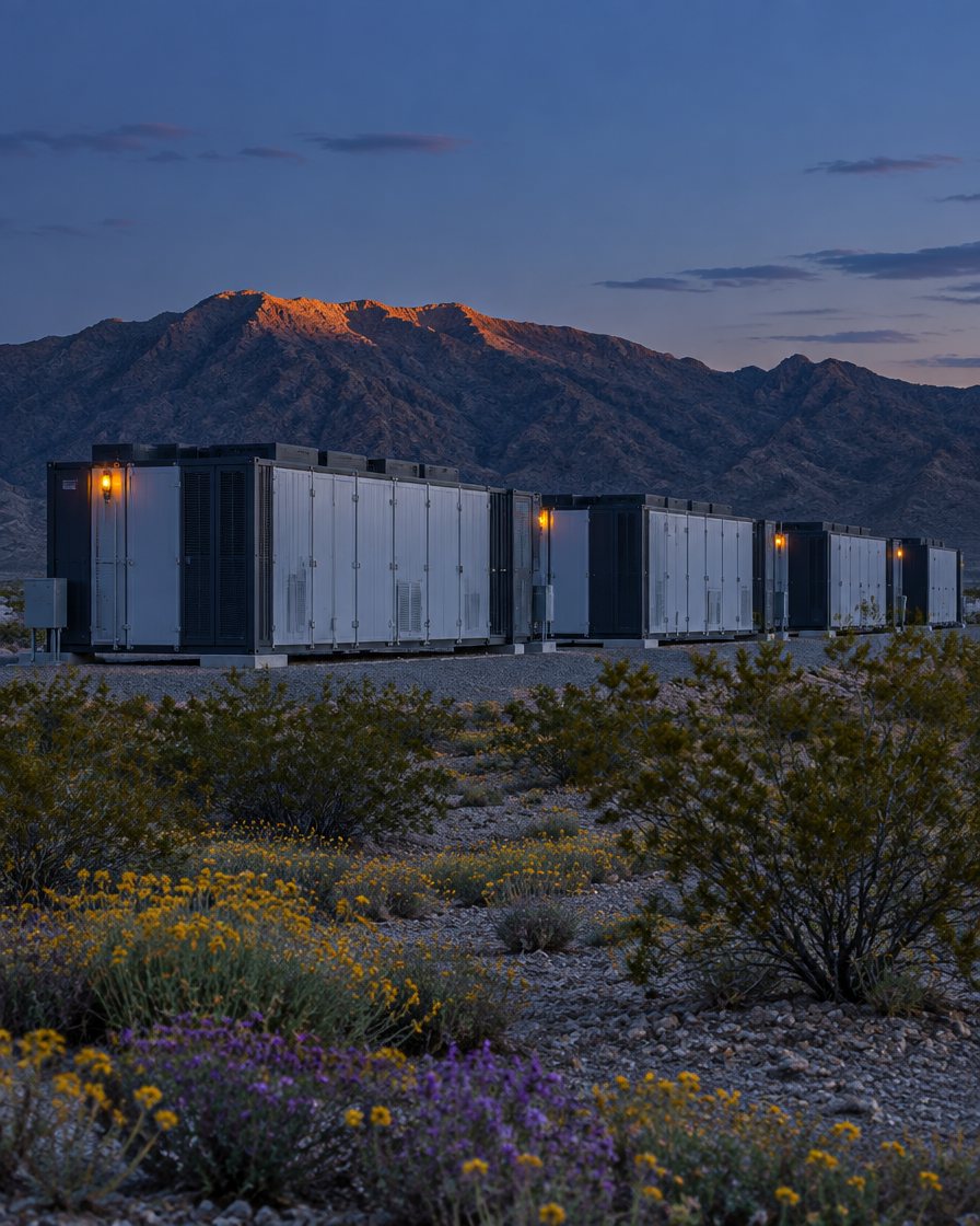 Battery storage units in the desert at blue hour with wildflowers in the foreground